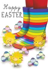 Rainbow wellies and Easter chicks Easter Card created by Kat Pearson
