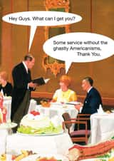 Ghastly Americanisms funny dinner waiter Ladybird card created by © Ladybird Books Ltd 2025