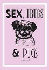 Funny Birthday card for your friend/partner - Sex, drugs and pugs - Pug lovers created by CP Sketches