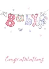 Baby girl congratulations washing line card created by Kate Garrett