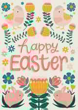 Chicks, Bunnies and Spring Florals Happy Easter Card created by Hollie McManus Illustration