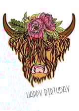 Highland cow flower birthday card created by wild wisteria designs