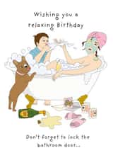 Parenting fail relaxing bath birthday card created by Rachel Millson-Hill