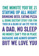 Funny Typography Fathers Day Card / Birthday Card - Dad - One Minute You're 21 Staying Up All Night...A Dad, No Sleep, No Money, Can't Poo In Peace created by Do You Punctuate?