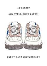 Cute Trainer Pun Anniversary Card - Lace Anniversary - 13 Years And Still Sole Mates created by Panda and the Prince