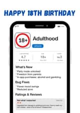 Welcome to Adulthood - Happy 18th - app styled card created by Mollie's Media Hub