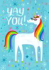 Congratulations Card - Unicorn with Rainbow Mane - Yay You! created by Kay Wolfersperger