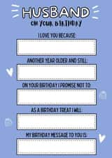 Fill in the blanks husband birthday card created by original fox designs