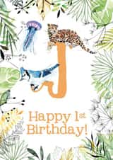 Animal Themed Happy 1st Birthday for names beginning with J created by Kate Moby