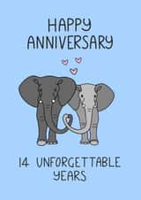 Cute Elephant Pun Anniversary Card - 14 Years - Marriage - 14 Unforgettable Years created by Schnauzer Scribbles