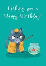Fishing you a Happy Birthday! Cat fishing Birthday card. created by Hannah Jayne Lewin