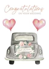 Congratulations on your Wedding - Car, Balloons and wreath design created by Michael Cutler