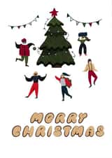 Happy Christmas card with a Christmas tree and people created by Andreeva Kate
