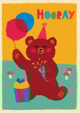 Retro Birthday Card. Party Bear in a party hat with balloons, crackers. created by @Doodle Bunny
