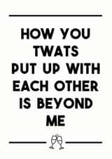 Rude Typography Anniversary Card / Engagement Card / Wedding Card - Prosecco - How You Twats Put Up With Each Other Is Beyond Me created by Dark Heart Cards