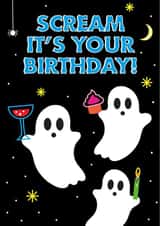 Funny Cute Halloween October Birthday Card For Friend - Ghosts, Cake - Scream created by I AM A