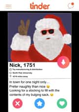 Rude - Cheeky - Tinder - Sex Toys - Dating App - Nick Claus - Prefer Naughty Than Nice - Match - Christmas Card created by Scrambled Meg Designs 