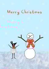 Snowman and Floof Christmas Card created by Penelope O'Neill Illustration