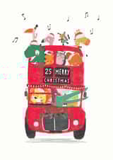 Children's animals on London bus Christmas card created by Stripey Paper