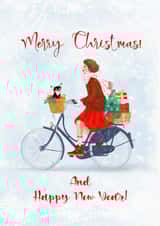 Girl with dog on bike on christmas card created by Svetlana Sadkova