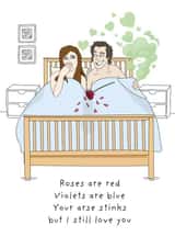 Your arse stinks but I love you Valentine card created by Rachel Millson-Hill