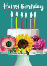 Brightly Coloured Happy Birthday Cake with Candles and Summer Flowers created by Sarah Kelleher