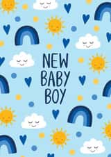 Cute New Baby Card – New Baby Boy – Sun, Rainbows and Clouds created by Chloe Tyler