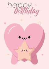 Cute kawaii birthday card with heart and star created by Iryna Kozhevnikova