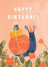 Birthday card with a funny snail. created by Moonflower design