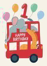 1st Birthday Bus with Elephant and Giraffe Card created by Christine Cuddihy Illustration
