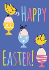 Cute Easter greeting card with little chickens on colored egg cups created by Nastea Fedorenko