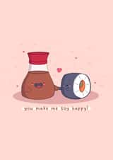 Cute Kawaii Anniversary Card / Valentines Day Card - Sushi Pun - You Make Me Soy Happy created by Rosalie Perl