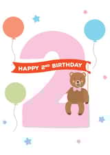 Cute Kids 2 pink 2nd Birthday card with bear, birthday balloons and stars created by Hello Fridays Studio