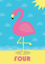 Number Four 4 Age Flamingo birthday Card with Beach and Clouds - Kids - Children created by Lucy Maggie Designs
