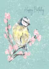 Arty Birthday Card - Blue Tit - Blossoms created by Niki Jackson Art