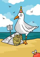 Funny ‘Birthday chippy chips’ seagull beach lovers card created by Wafflemamaart