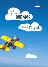 Good luck card with toy airplane in blue sky created by FairMail