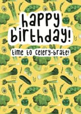 Happy birthday veg ‘celery-brate’ pun card created by Jen James