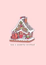 Kawaii cute gingerbread house Christmas card created by Rosalie Perl