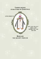 Christmas card featuring Bernard the grumpy penguin. created by Eggbert & Daisy