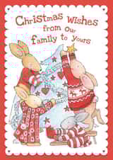 Cute Christmas Card For A Special Family - Bunny Family Decorating The Tree created by Helen Morgan Illustration