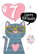 Cool cat sunglasses - 7th Birthday card - hearts and balloon - fun for her created by Little Cat Creates