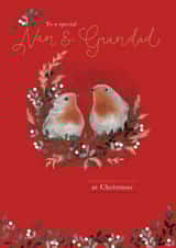 Traditional Christmas robins in foliage card for a special Nan and Grandad created by Sarah Hustwaite Illustration