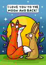I love you to the moon and back, cute fox and hare lovers anniversary card created by Wafflemamaart