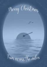 Christmas heartfelt classic for friends family abroad. Santa flying across sea. created by The Crafty Tourist