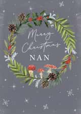 Traditional Merry Christmas Card For Nan - Foliage leaf wreath with mushrooms created by Making Meadows Ltd