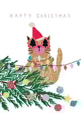 Funny cat in christmas lights card for friend created by Stop the Clock Design