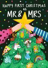 FIRST CHRISTMAS AS MR & MRS CHRISTMAS CARD. FOR MARRIED COUPLES. created by NICHOLA COWDERY ILLUSTRATIONS 