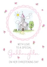 Classic Christening day card - for goddaughter - pink floral church design created by Silly Prints