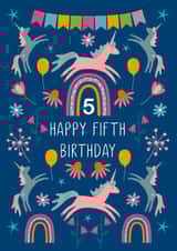 Colourful Unicorn 5th Birthday Card +Rainbows for Girls/Boys/Kids Fifth Birthday created by Lula Bird Designs